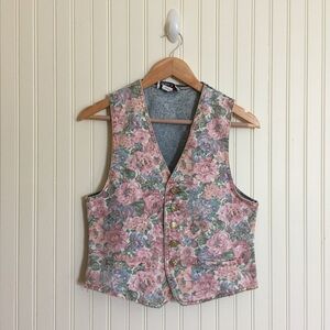 Vintage Zena floral print denim vest cottagecore grandmacore size medium EUC